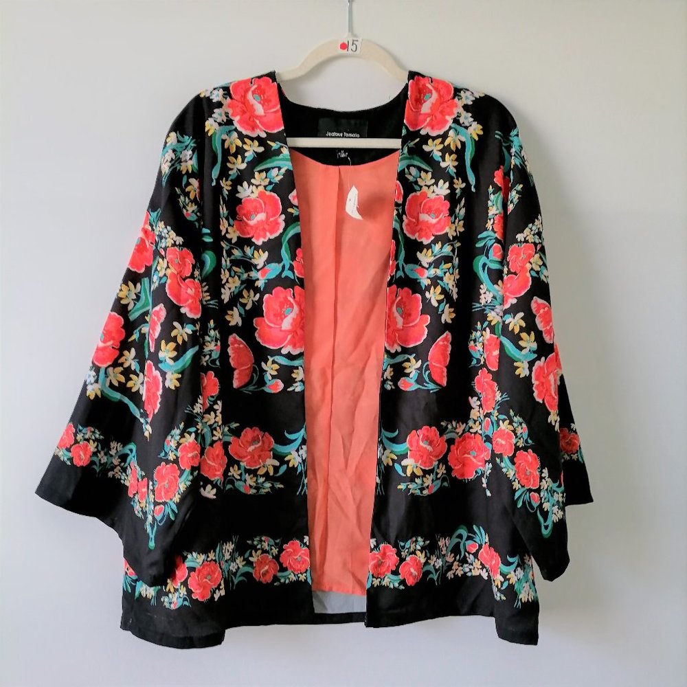 Jealous Tomato Womens Black Floral Oversized Open Front Kimono Cardigan Size M
